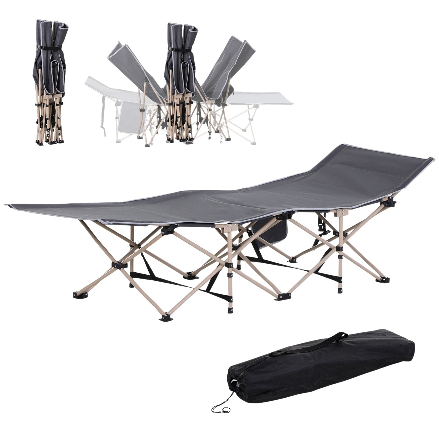 Folding camping bed in steel with carry bag, Grey, 190x68x52 cm