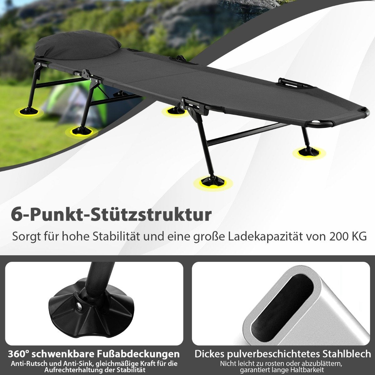 Folding camping bed with removable mattress 194 x 66 x 29 cm grey