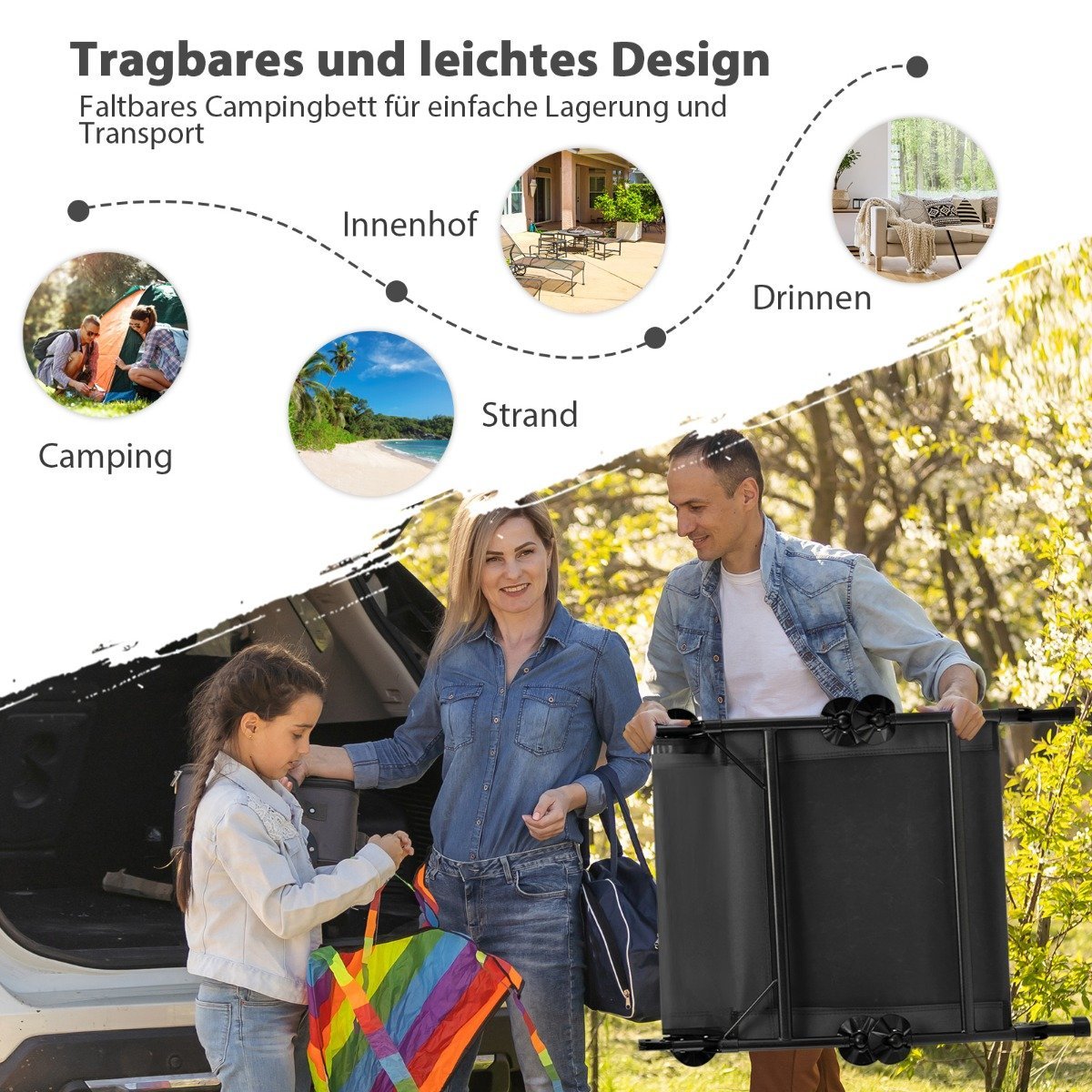 Folding camping bed with removable mattress 194 x 66 x 29 cm grey