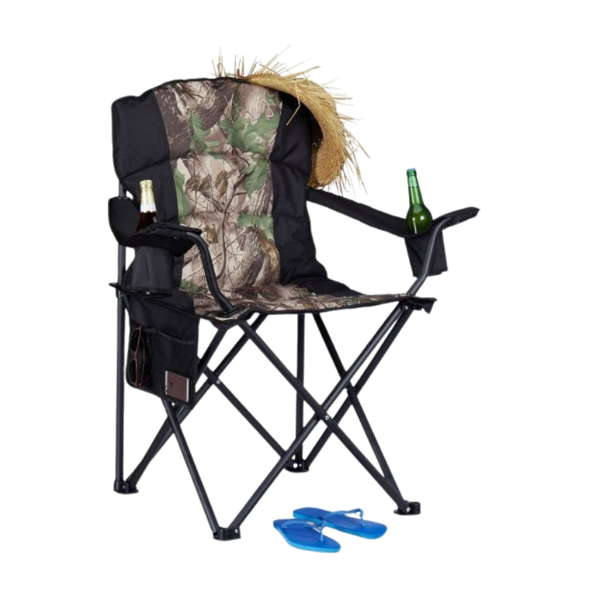 Folding camping chair with bottle holder
