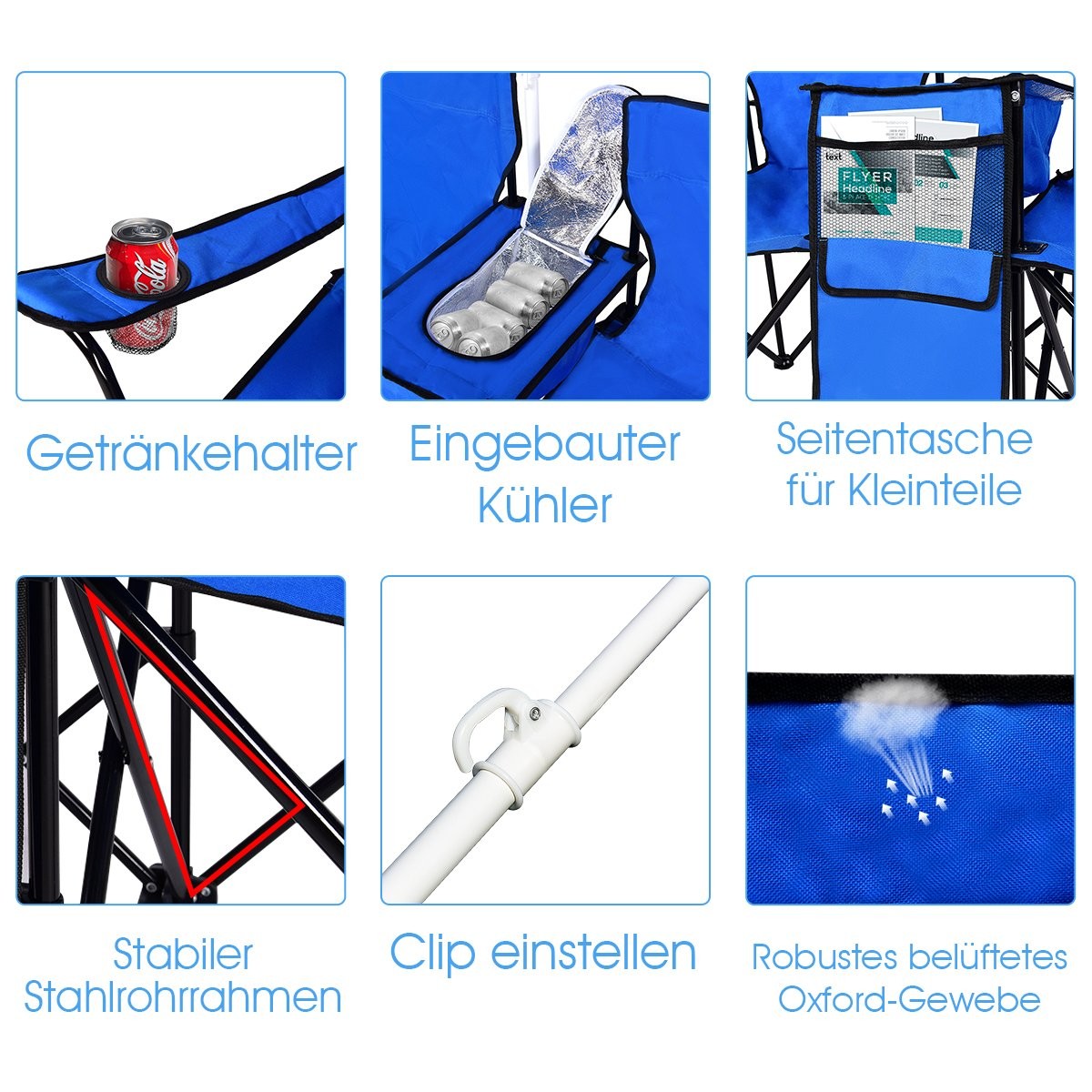 Folding camping chair with parasol for 2 people, folding chair for couples, double fishing chair, foldable with cup holder, cool bag, blue