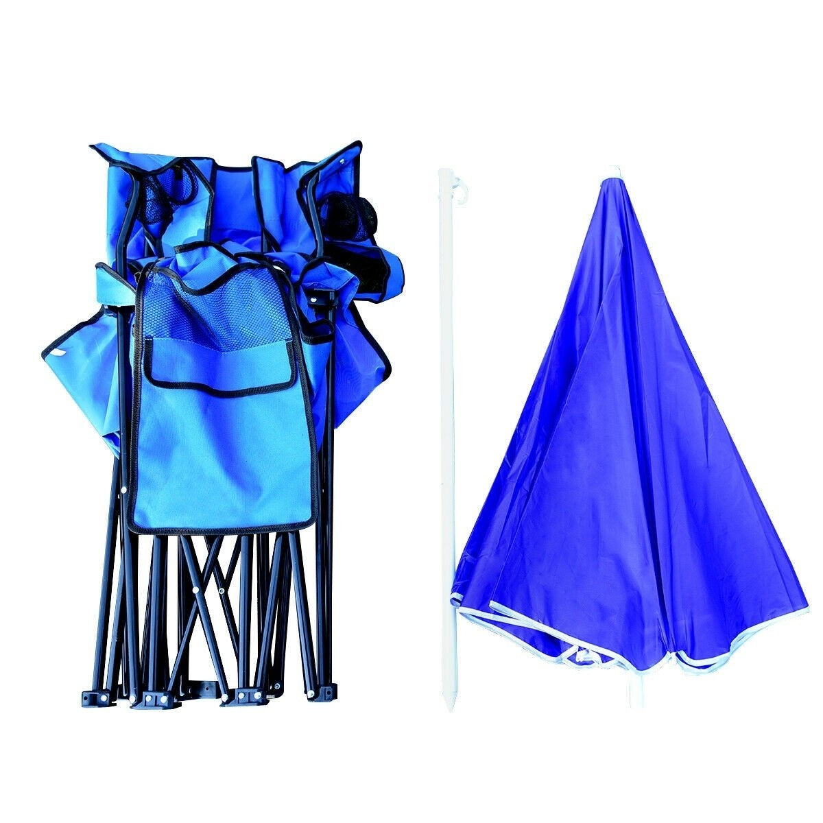 Folding camping chair with parasol for 2 people, folding chair for couples, double fishing chair, foldable with cup holder, cool bag, blue