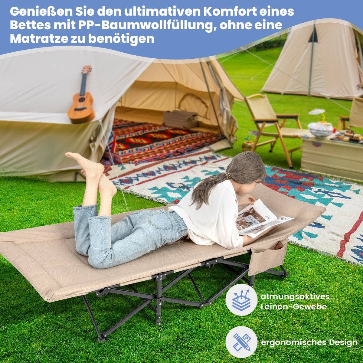 Folding camping lounger with side pocket, camp bed, load capacity up to 200 kg, guest bed, khaki