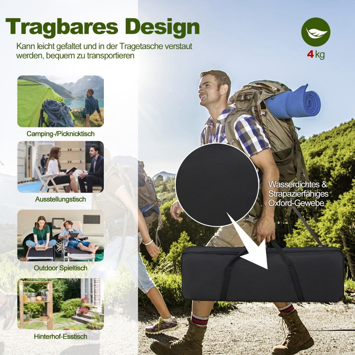 Folding camping table with carrying bag, 4 levels height adjustable 90 x 60.5 x 52 cm silver