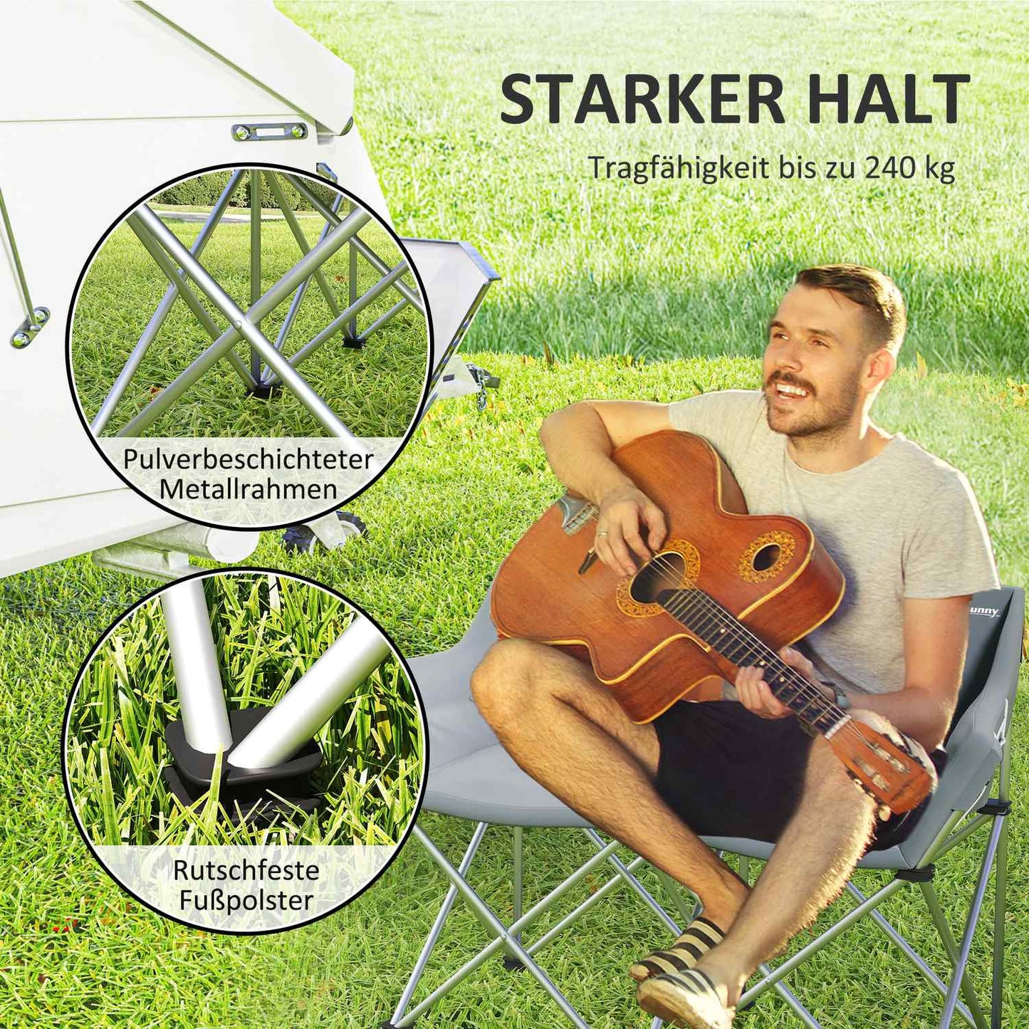 Folding 2-seater camping chair with armrests, capacity 240 kg