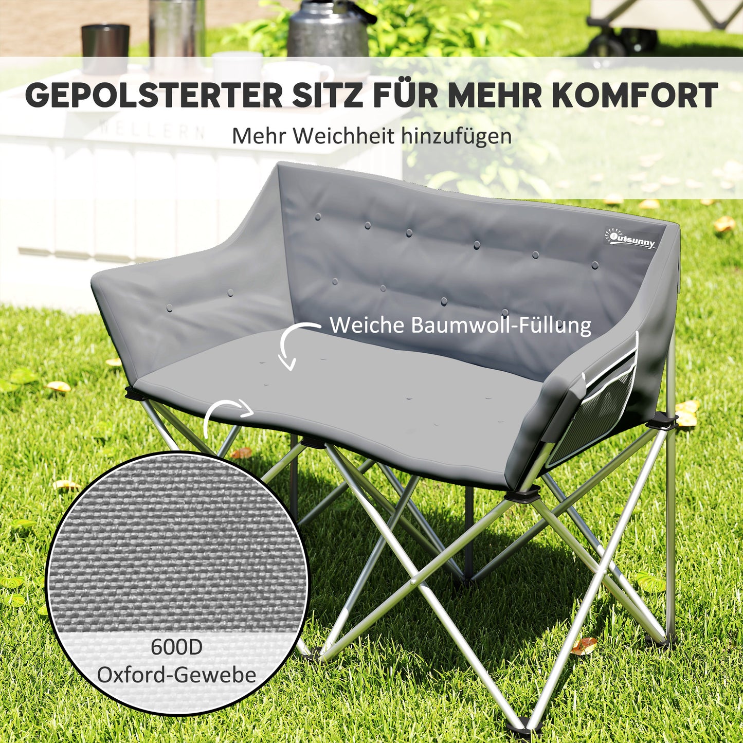 Folding 2-seater camping chair with armrests, capacity 240 kg