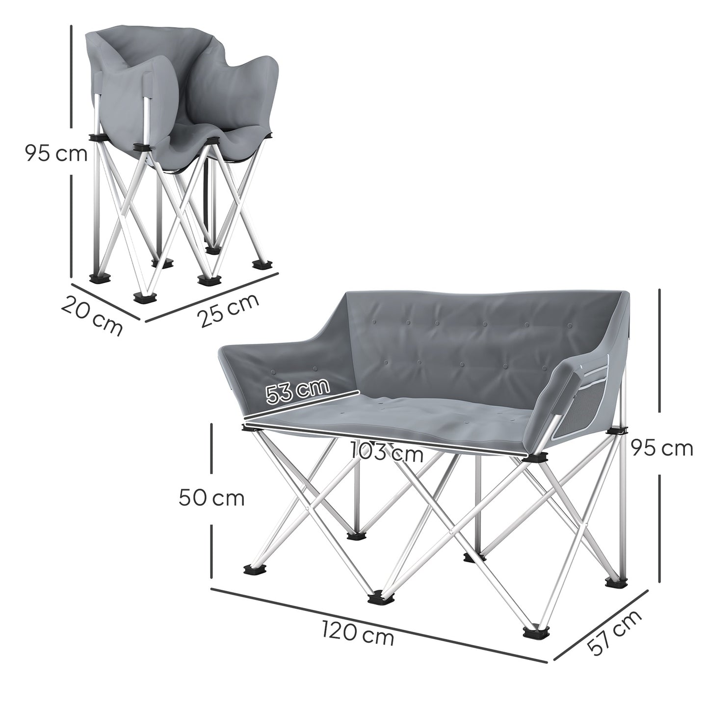 Folding 2-seater camping chair with armrests, capacity 240 kg