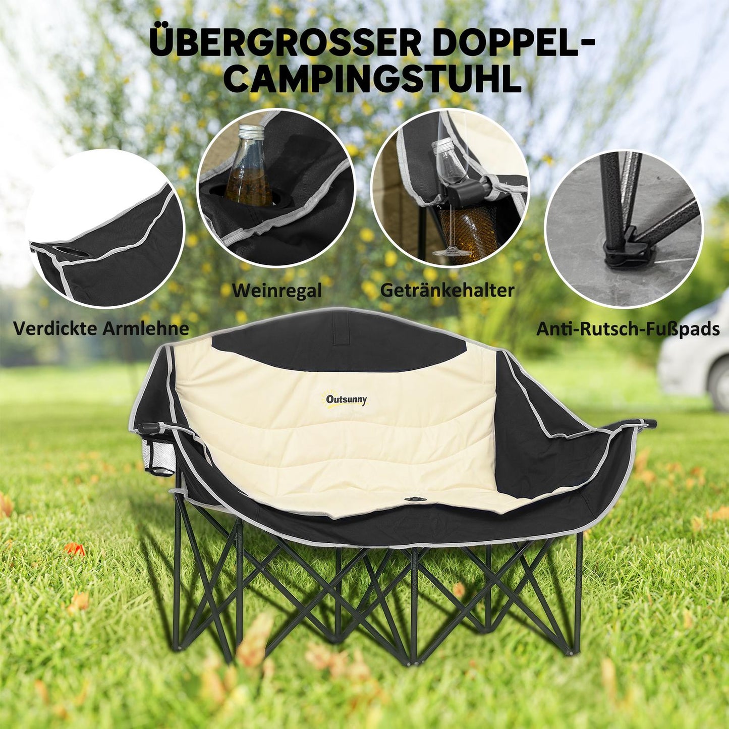2-seat folding camping chair with cup holder, capacity 250 kg
