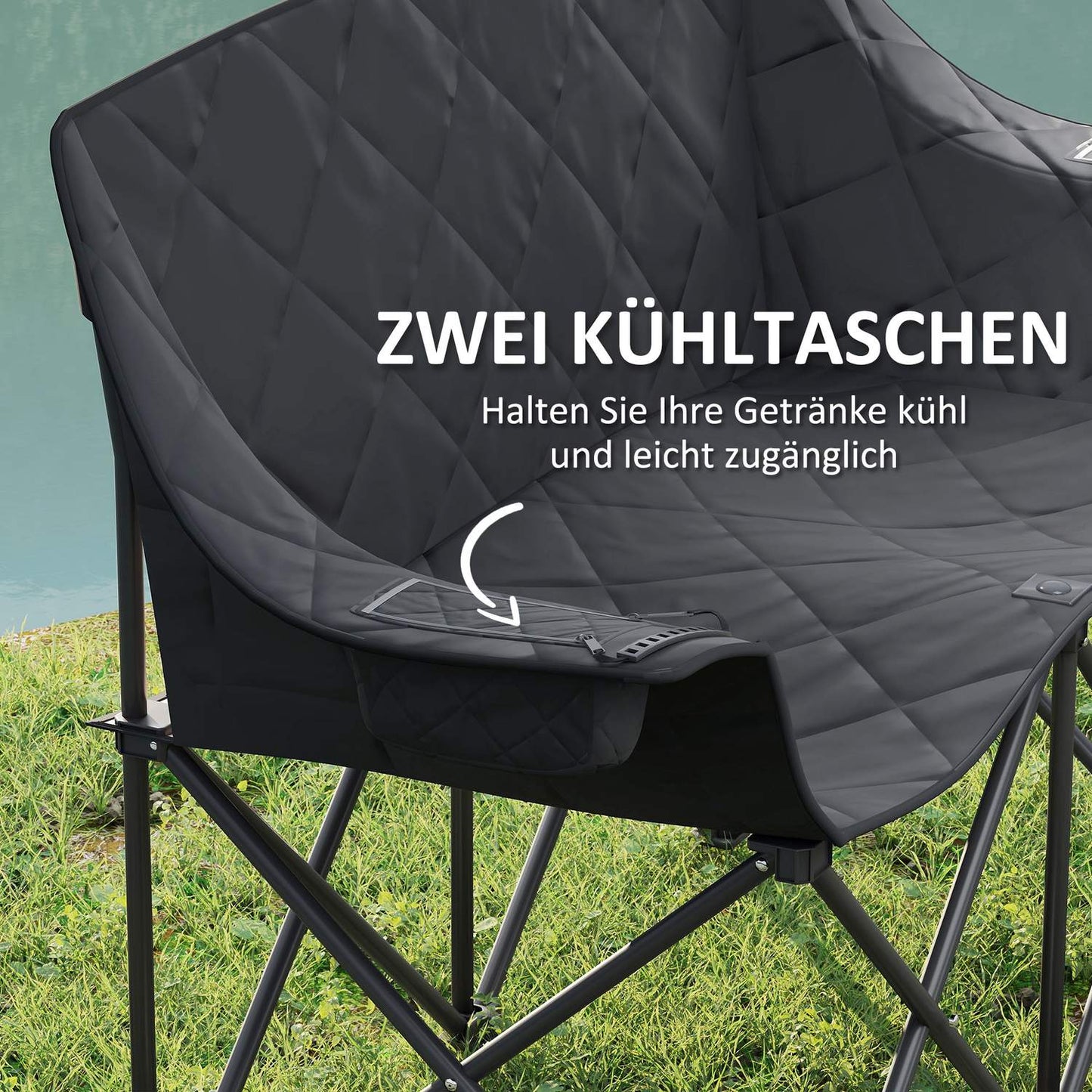 Folding 2-seater camping chair with cooler bags, up to 250 kg