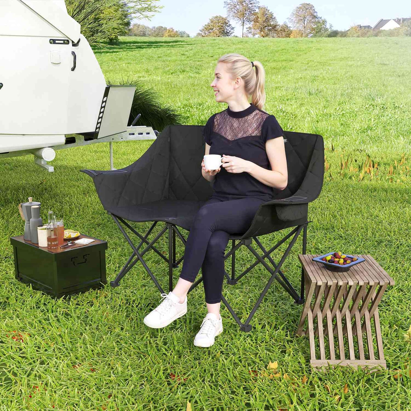 Folding 2-seater camping chair with cooler bags, up to 250 kg