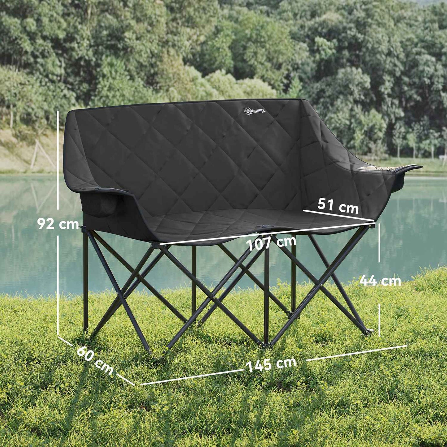 Folding 2-seater camping chair with cooler bags, up to 250 kg