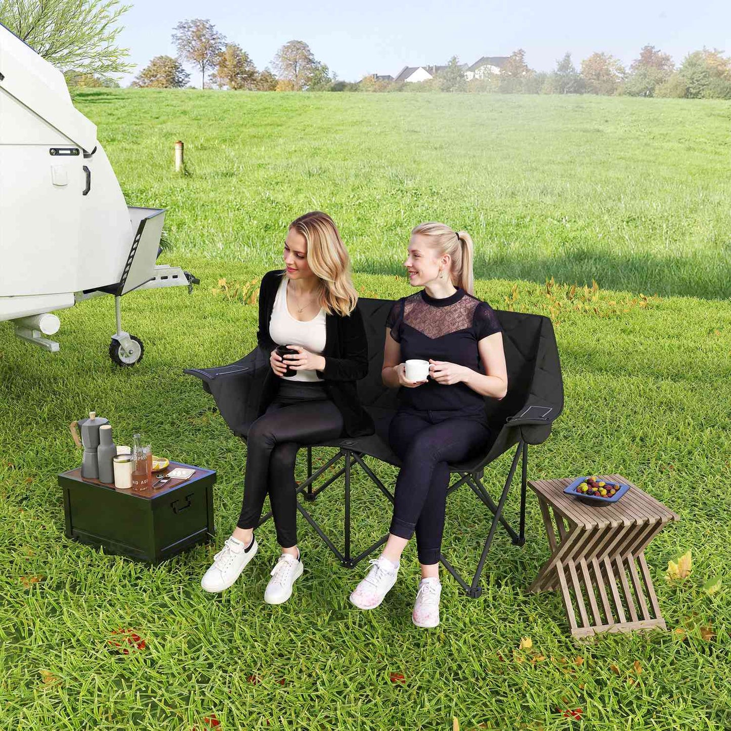 Folding 2-seater camping chair with cooler bags, up to 250 kg