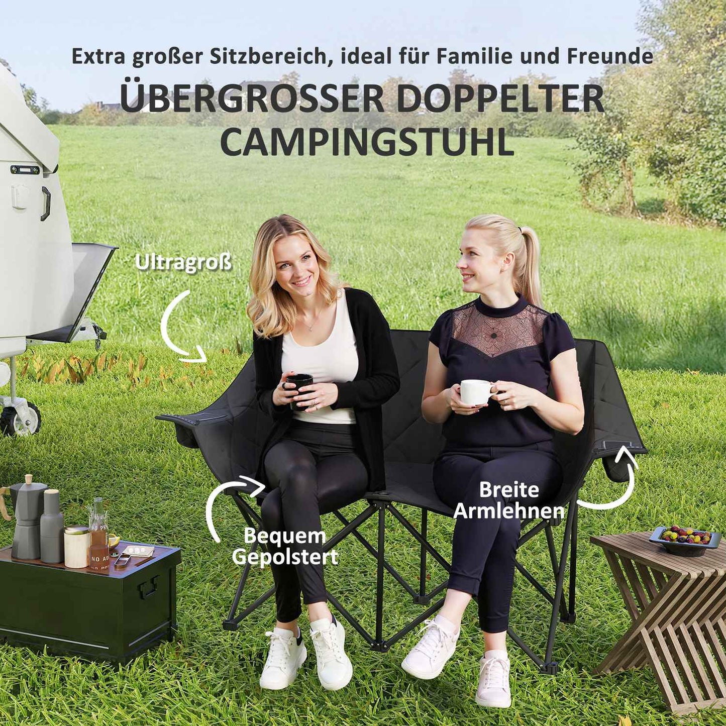 Folding 2-seater camping chair with cooler bags, up to 250 kg