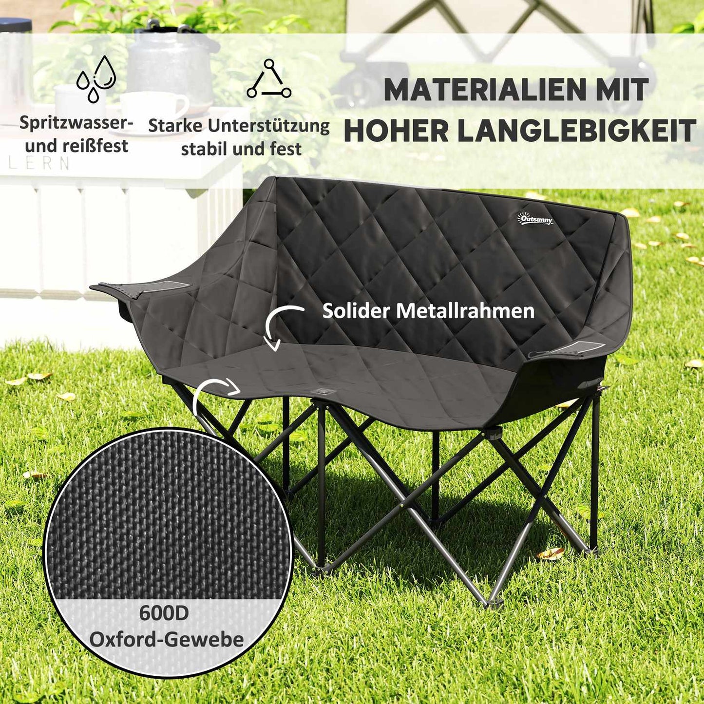 Folding 2-seater camping chair with cooler bags, up to 250 kg