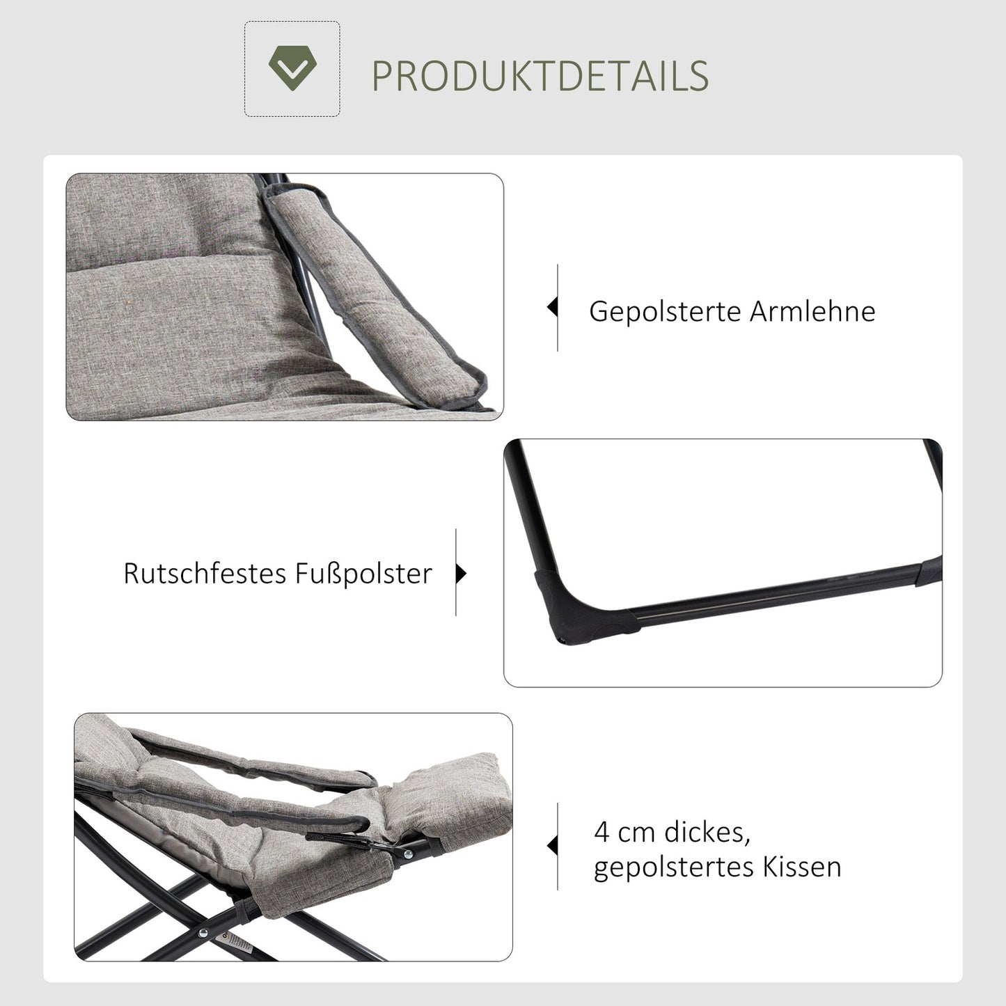 Gray folding chair - Removable cushion, textile & steel