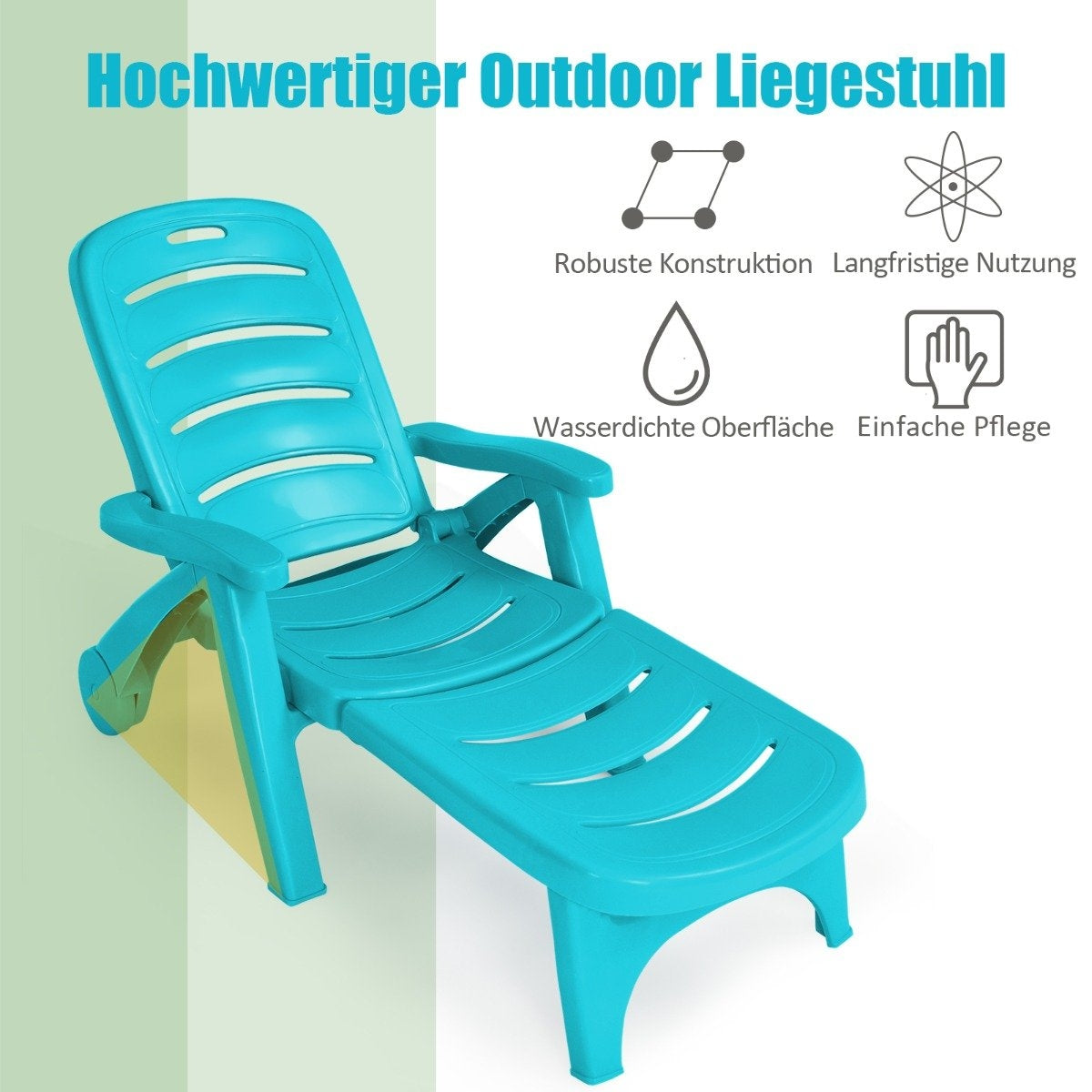Folding deck chair 5-way adjustable outdoor garden lounger with built-in wheels turquoise