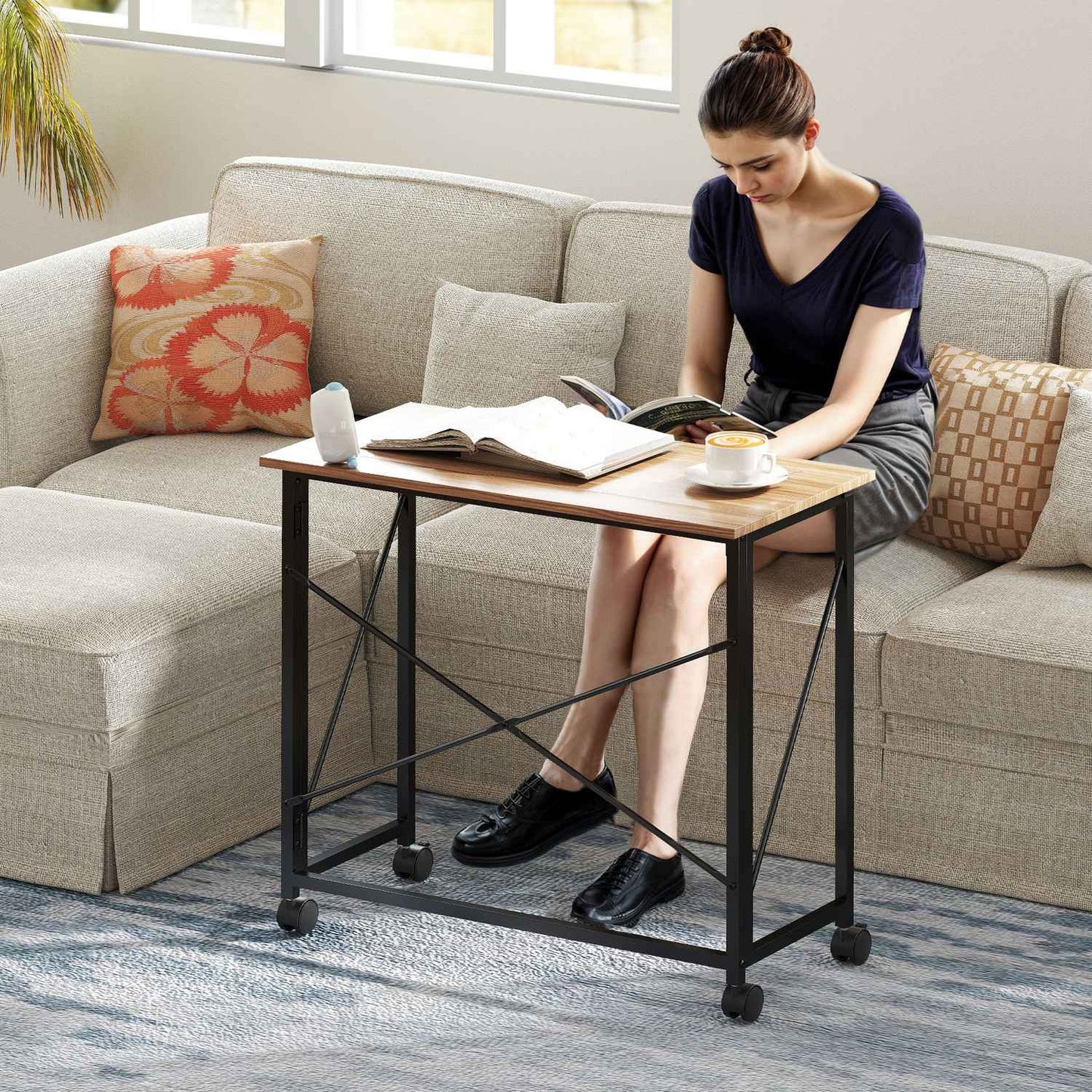 Folding Desk with Wheels, Space-Saving, Steel, MDF