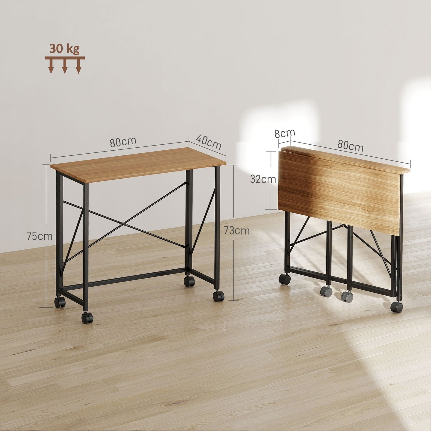 Folding Desk with Wheels, Space-Saving, Steel, MDF