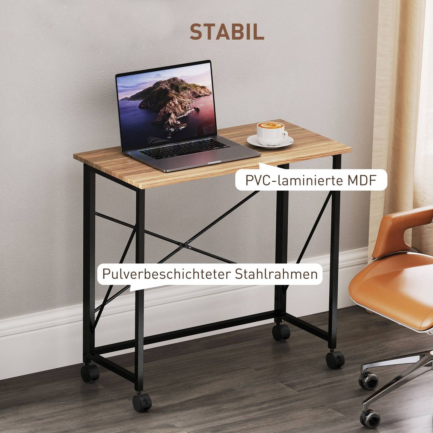 Folding Desk with Wheels, Space-Saving, Steel, MDF