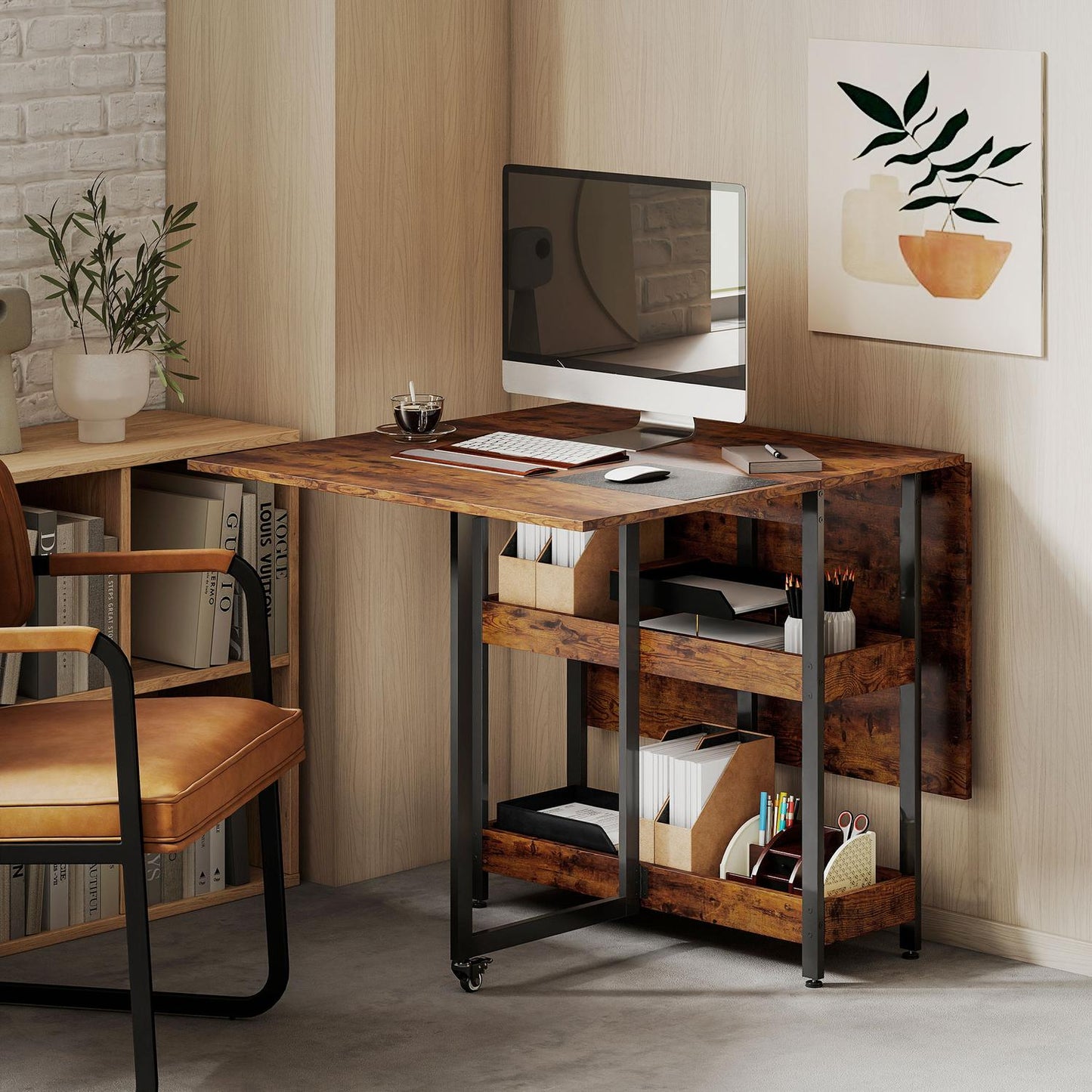 Folding Dining Table, Industrial Design, Seats 4, Brown