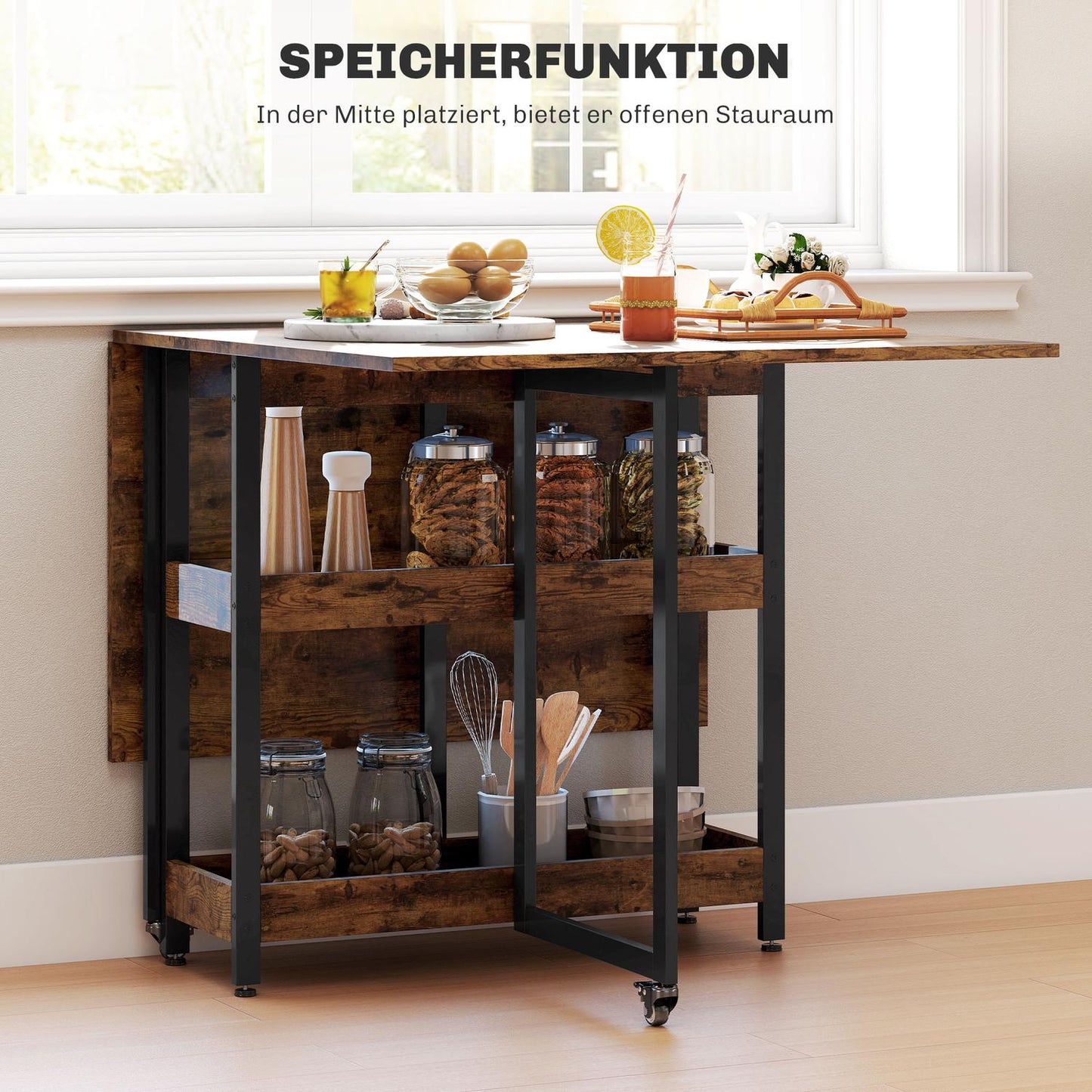 Folding Dining Table, Industrial Design, Seats 4, Brown