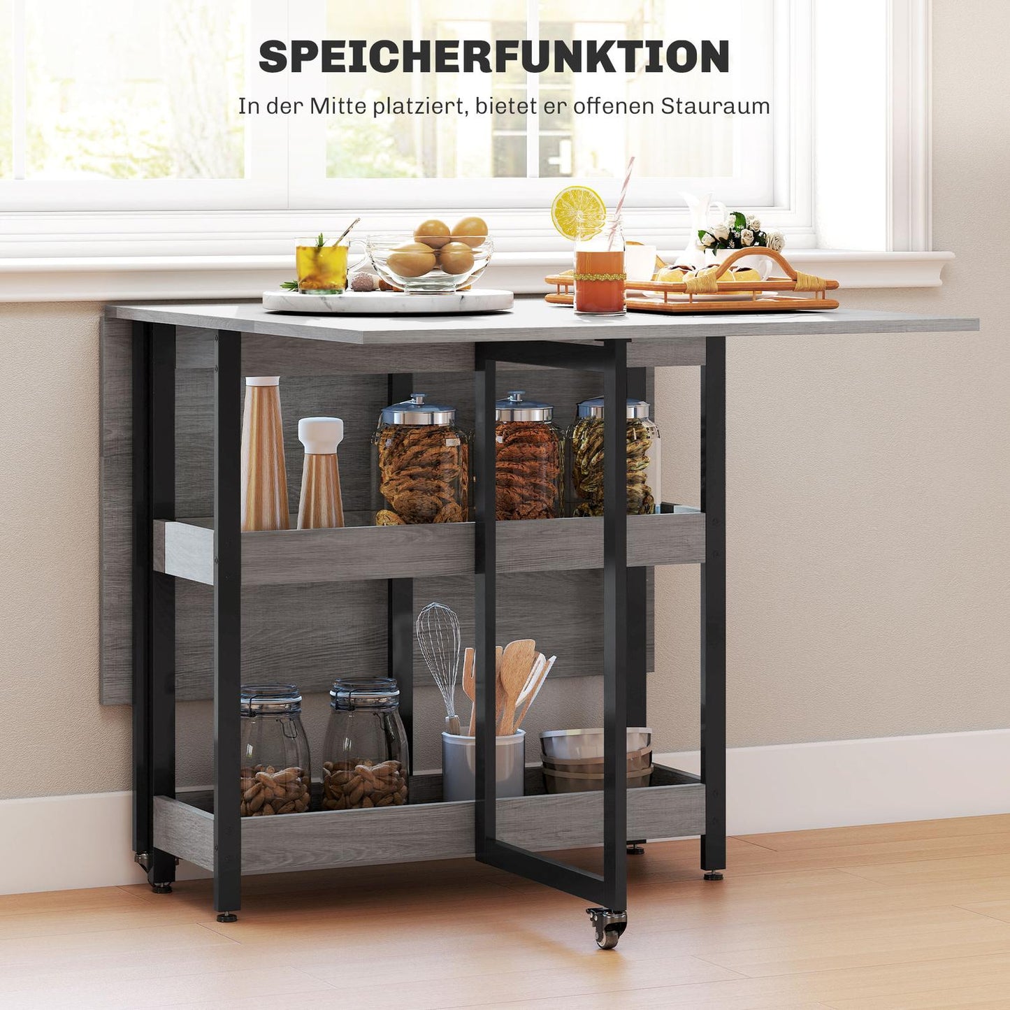 Folding Dining Table with Shelves, Seats 4, Grey