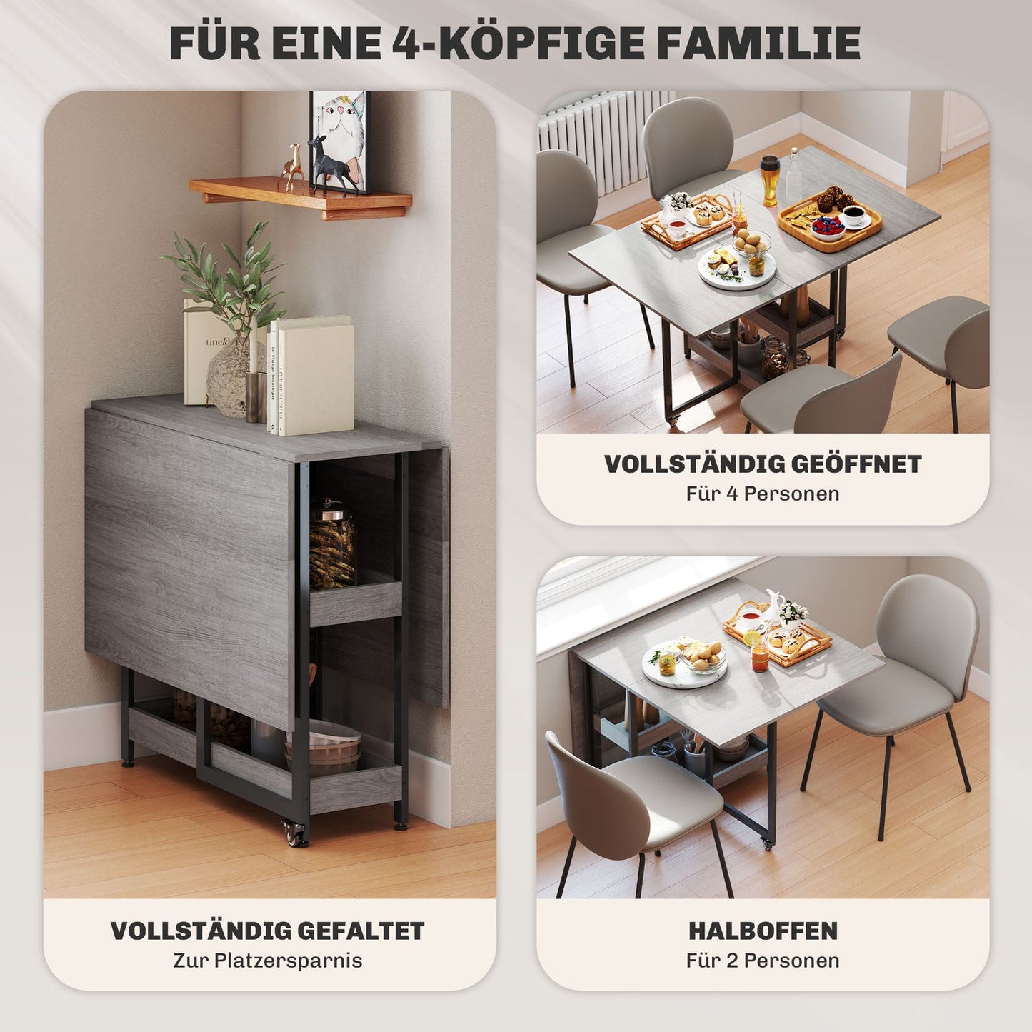 Folding Dining Table with Shelves, Seats 4, Grey
