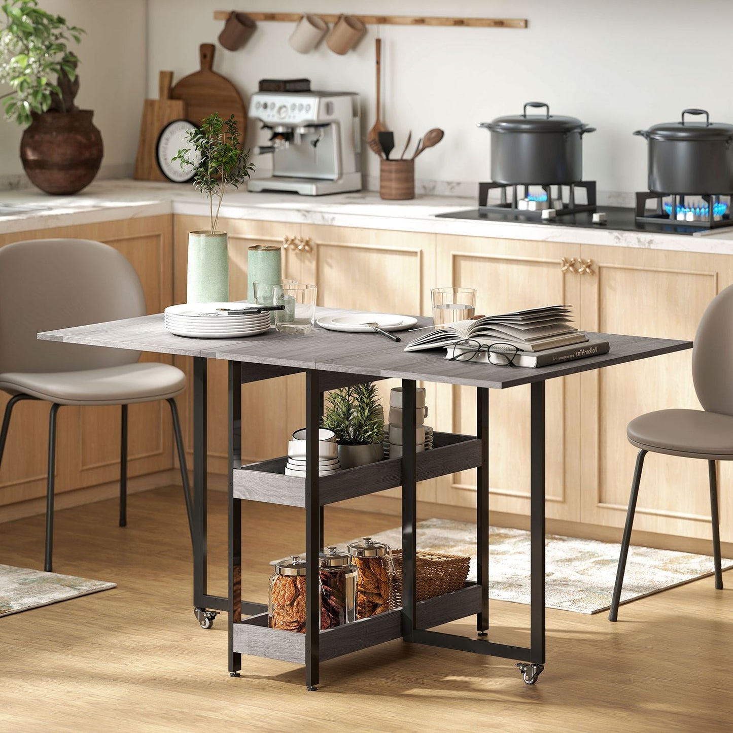 Folding Dining Table with Shelves, Seats 4, Grey