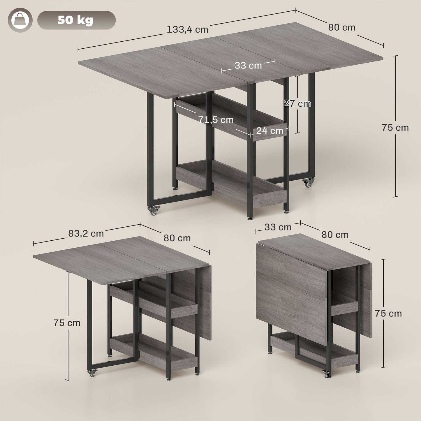 Folding Dining Table with Shelves, Seats 4, Grey