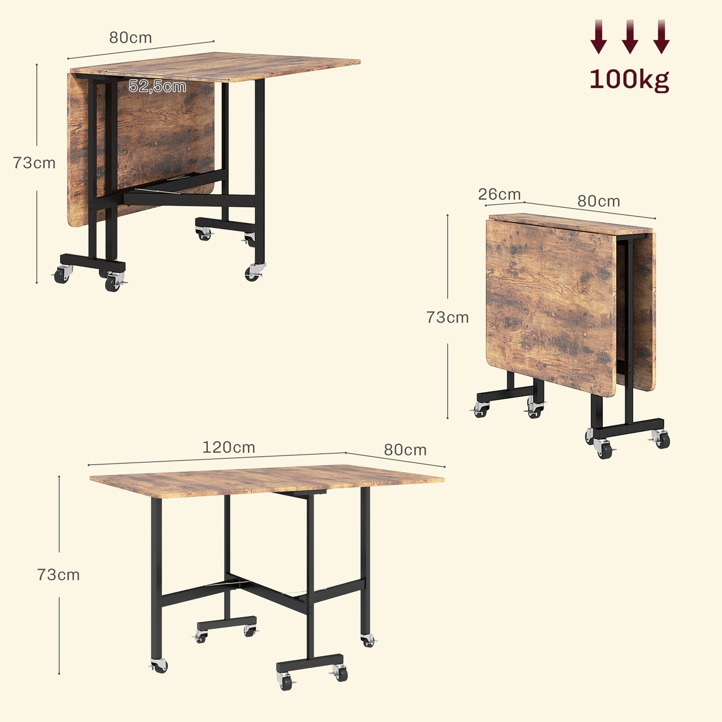 Folding dining table with wheels, Rustic brown, 120x80 cm