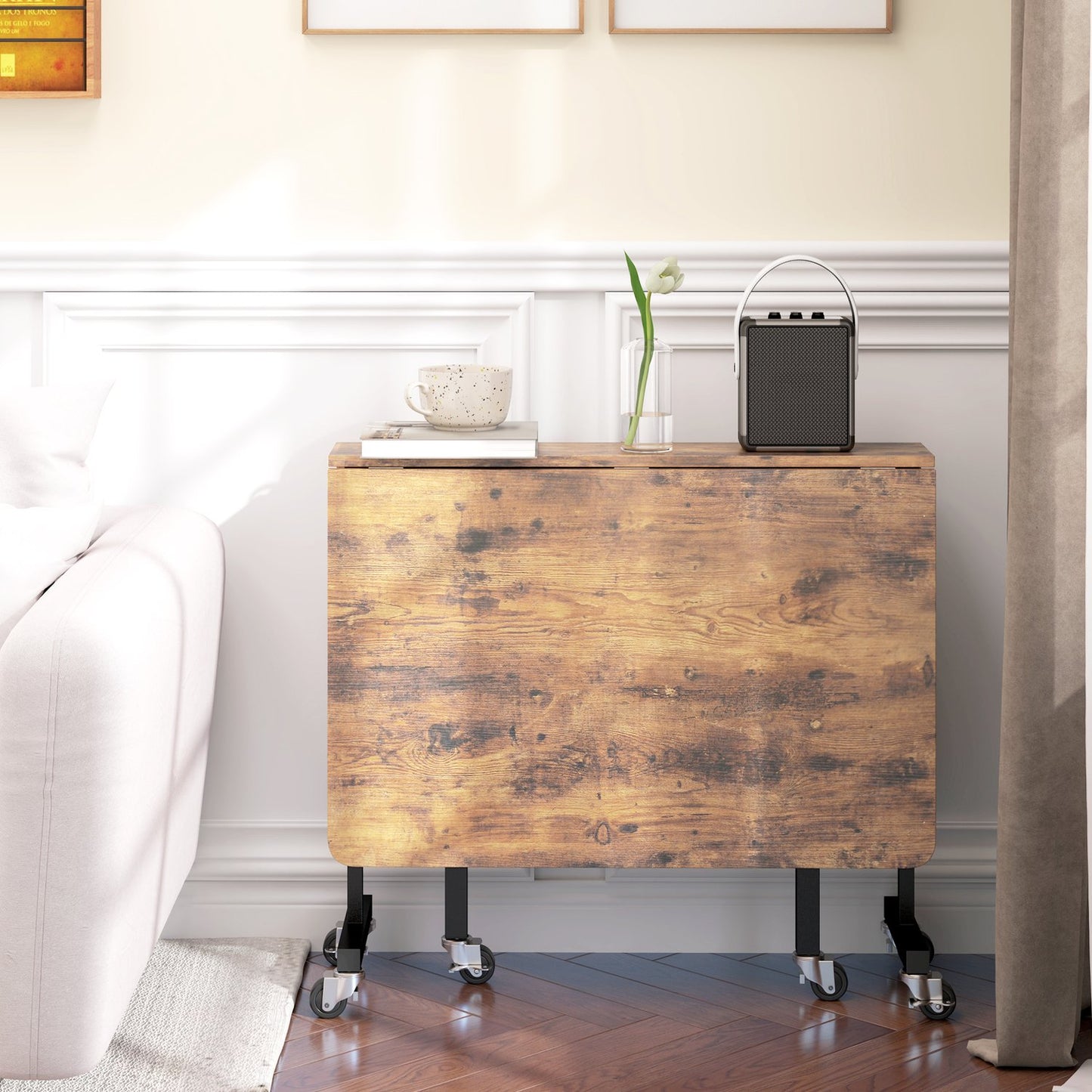 Folding dining table with wheels, Rustic brown, 120x80 cm
