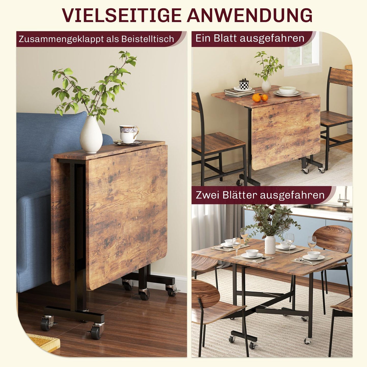 Folding dining table with wheels, Rustic brown, 120x80 cm