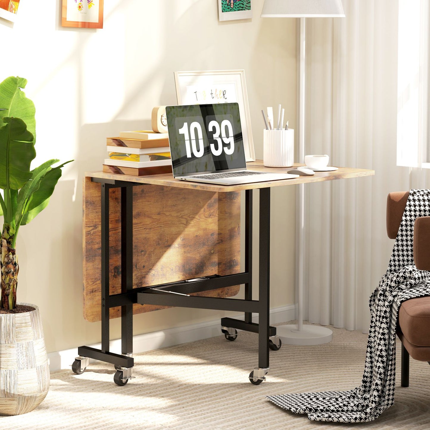 Folding dining table with wheels, Rustic brown, 120x80 cm