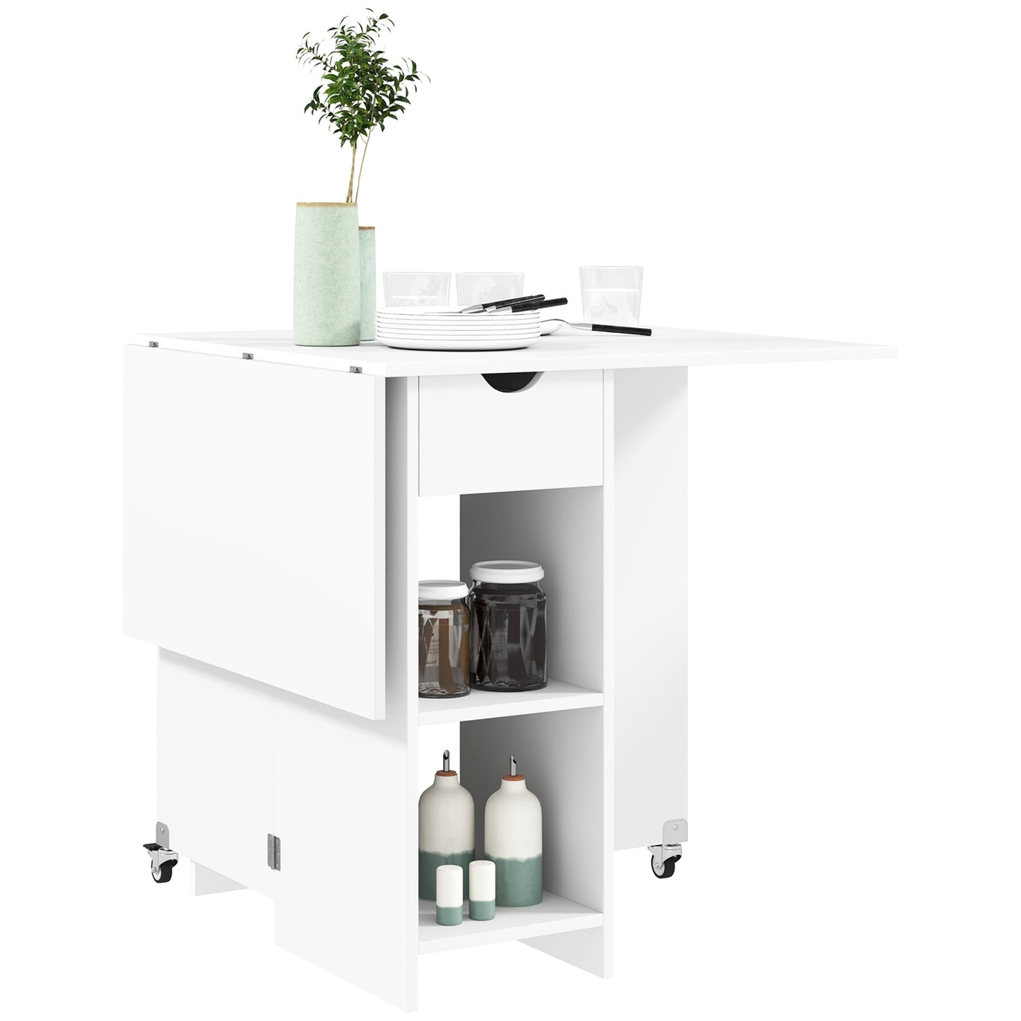 Folding dining table with shelves and drawer, White