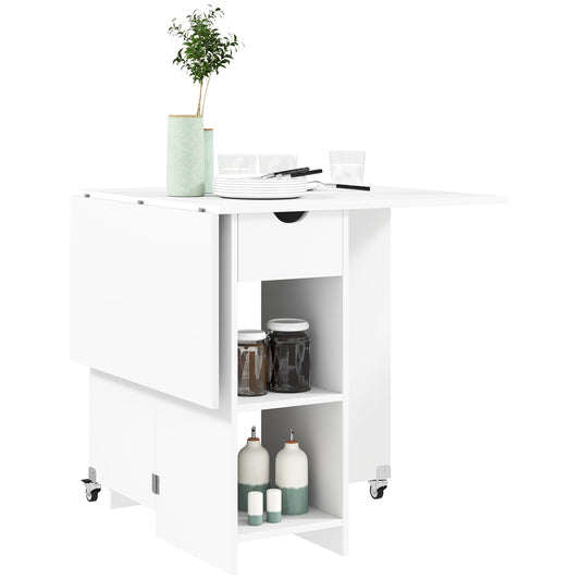 Folding dining table with shelves and drawer, White