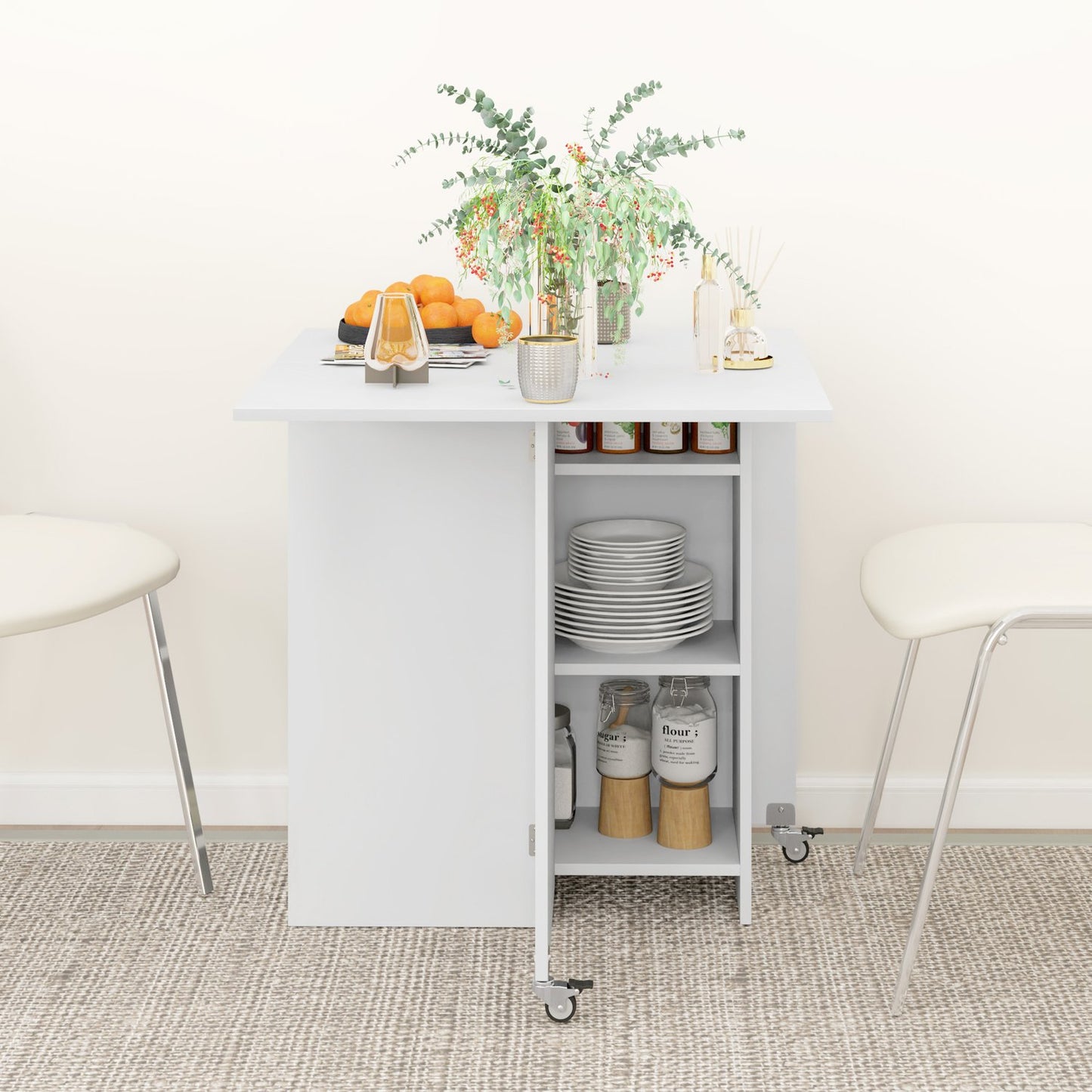 Folding dining table with shelves and drawer, White