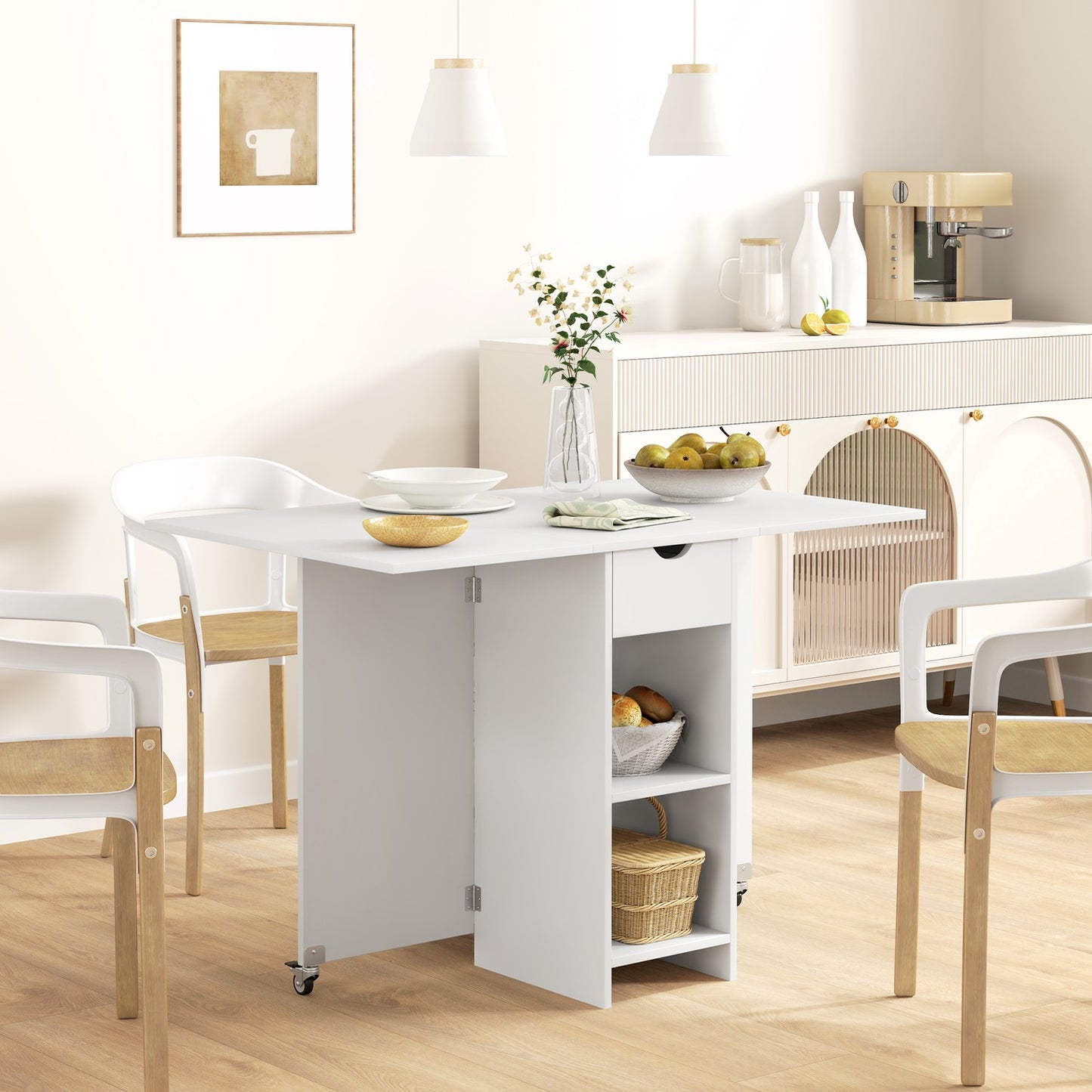 Folding dining table with shelves and drawer, White