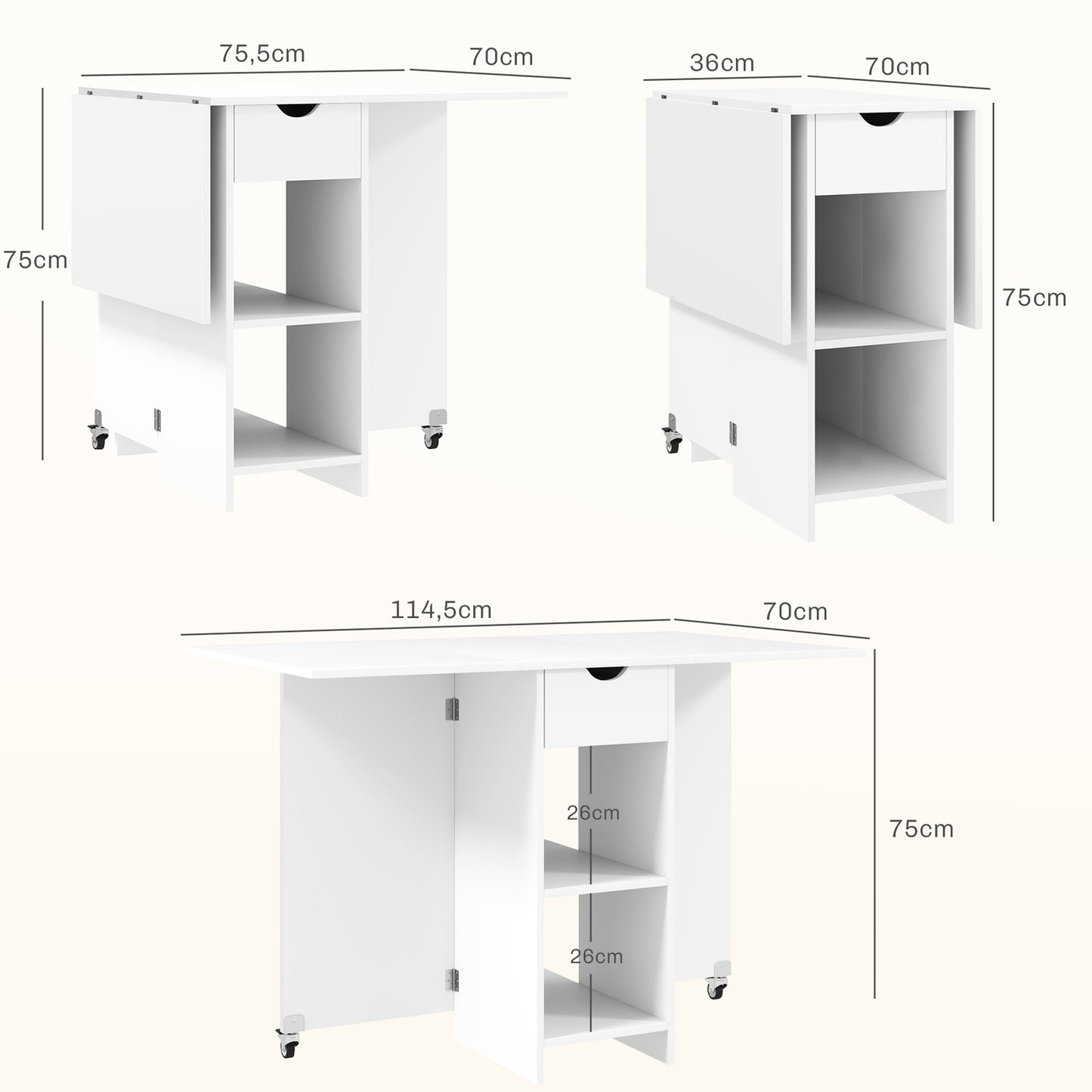 Folding dining table with shelves and drawer, White