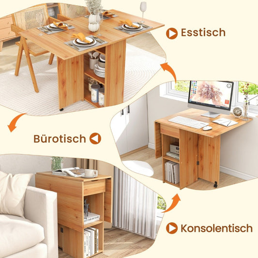 Folding dining table with 2 wheels, mobile folding table, dining room table with 2-tiered storage area and drawer, wood