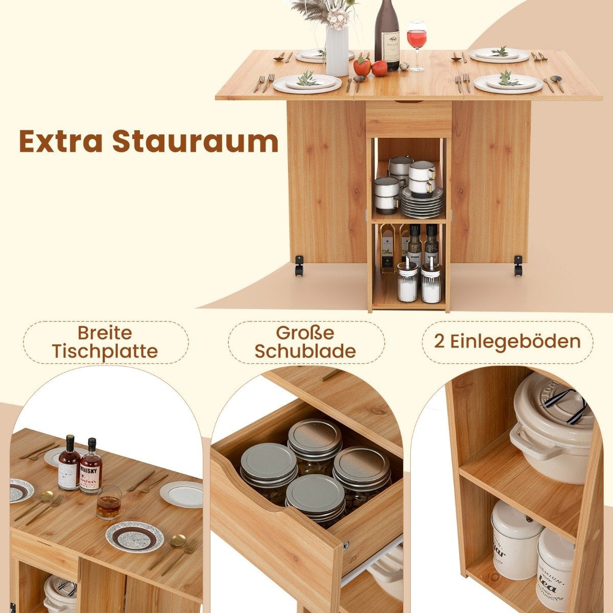 Folding dining table with 2 wheels, mobile folding table, dining room table with 2-tiered storage area and drawer, wood