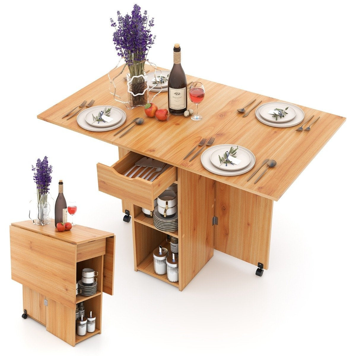 Folding dining table with 2 wheels, mobile folding table, dining room table with 2-tiered storage area and drawer, wood