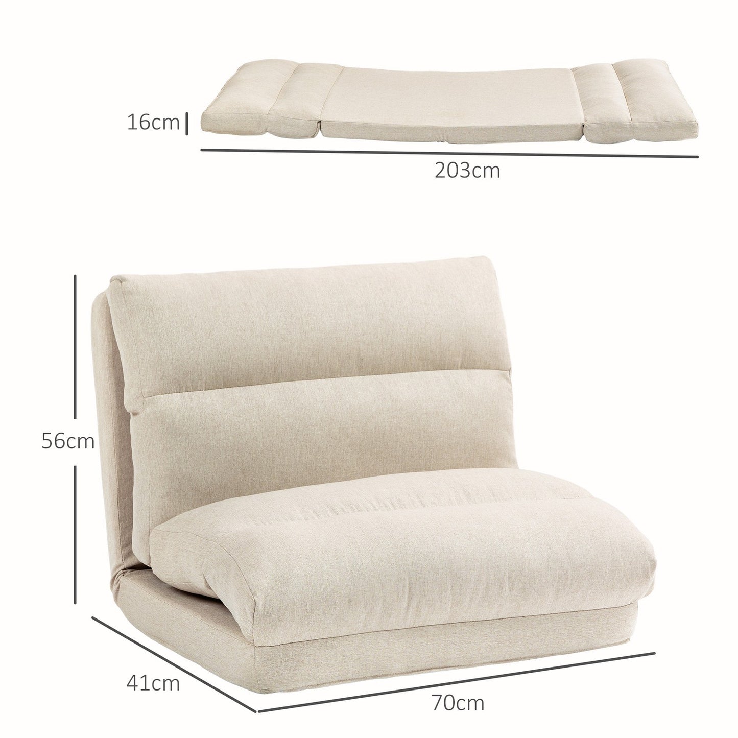 Adjustable folding floor chair, bed function, linen look, brown