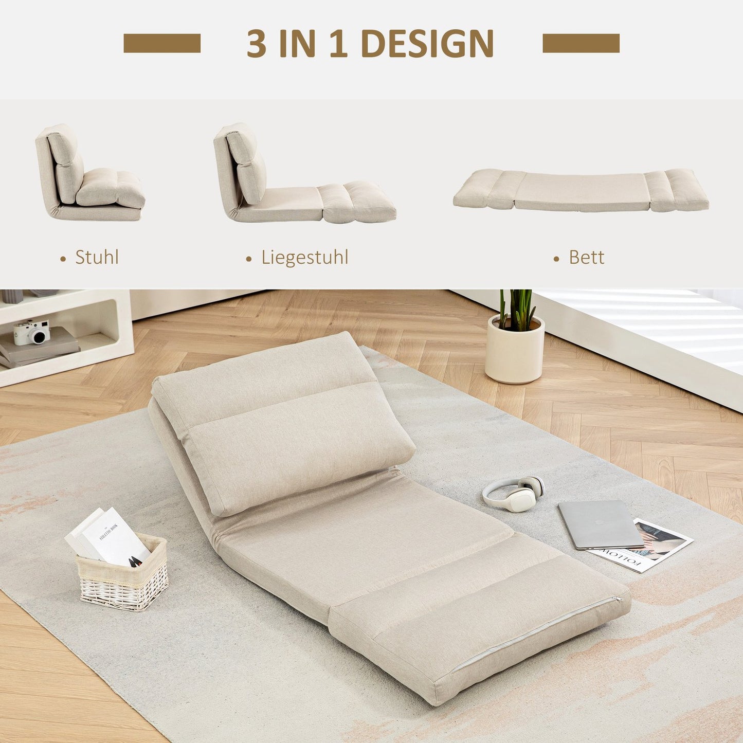 Adjustable folding floor chair, bed function, linen look, brown