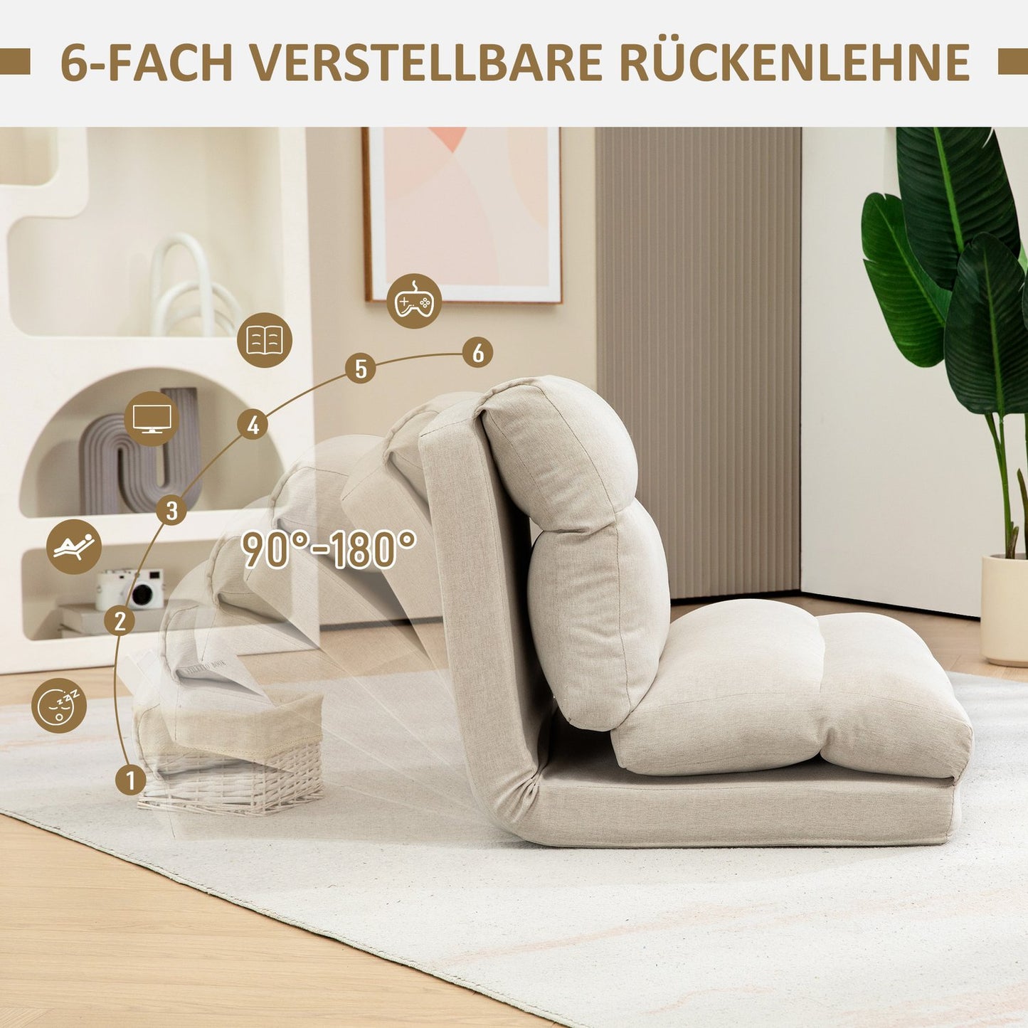 Adjustable folding floor chair, bed function, linen look, brown