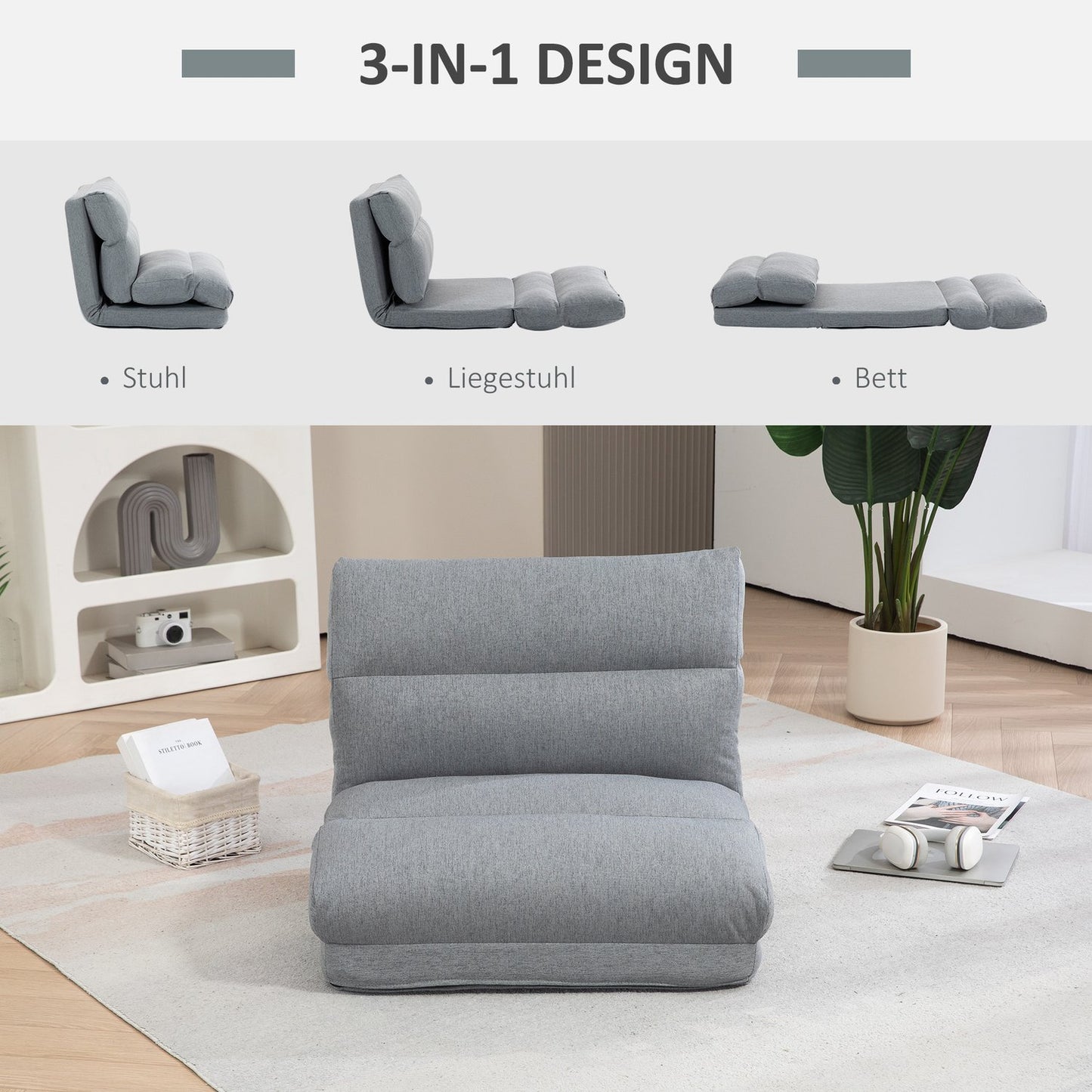 Adjustable floor chair with bed function, linen look, grey