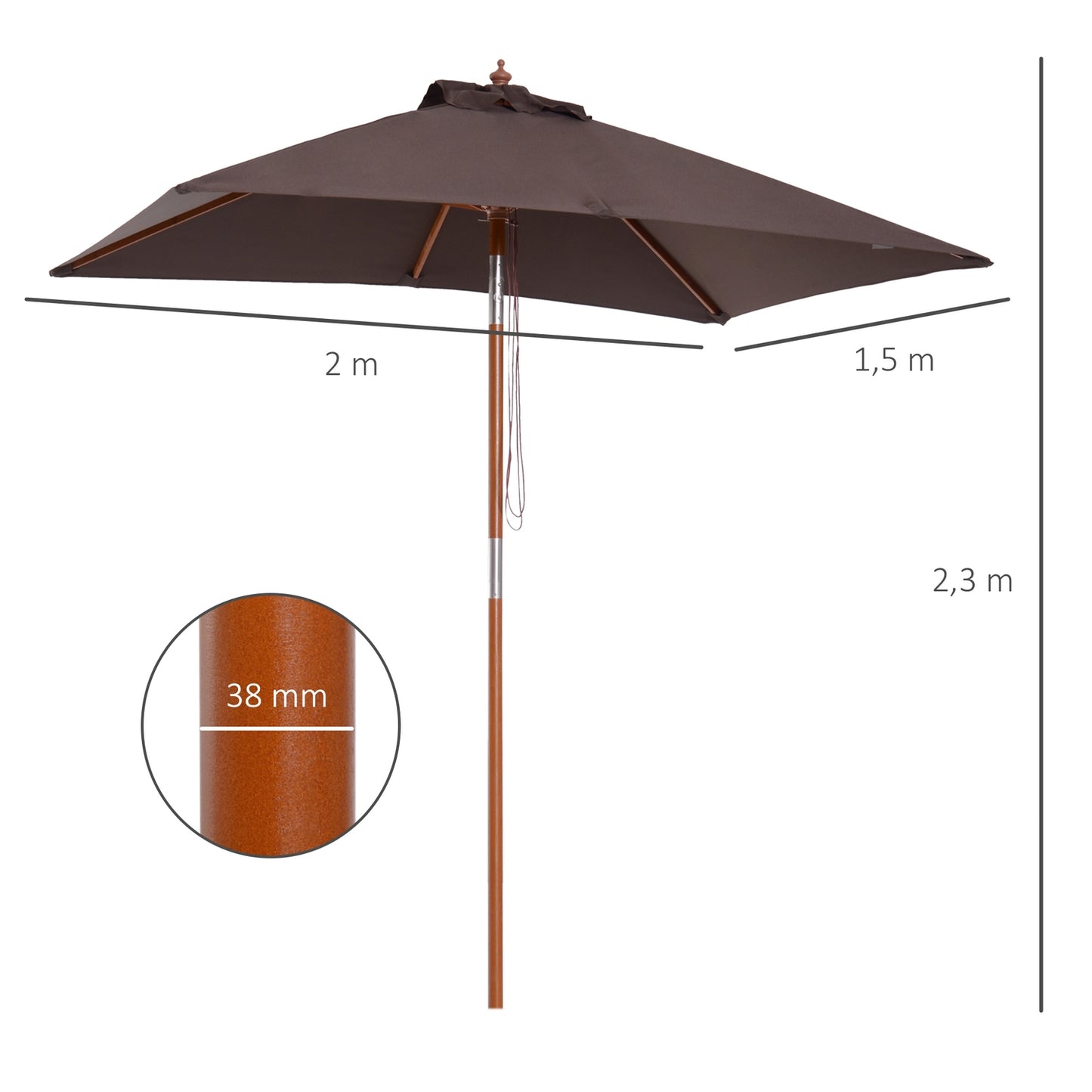 Folding garden parasol - Adjustable spruce and polyester 200x150x230 cm