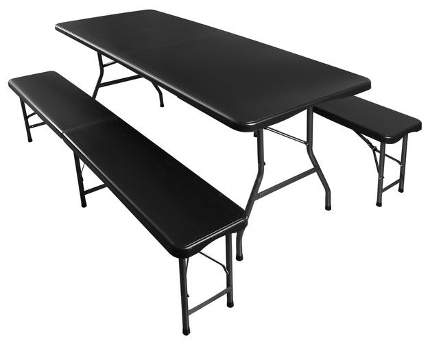 Folding garden table 180cm + 2 benches - black