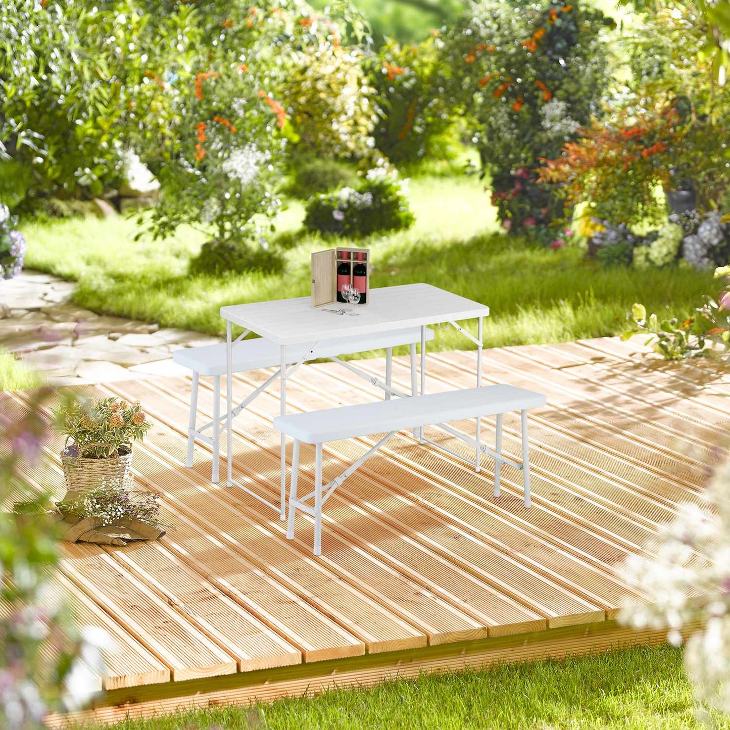 Folding garden table, height adjustable