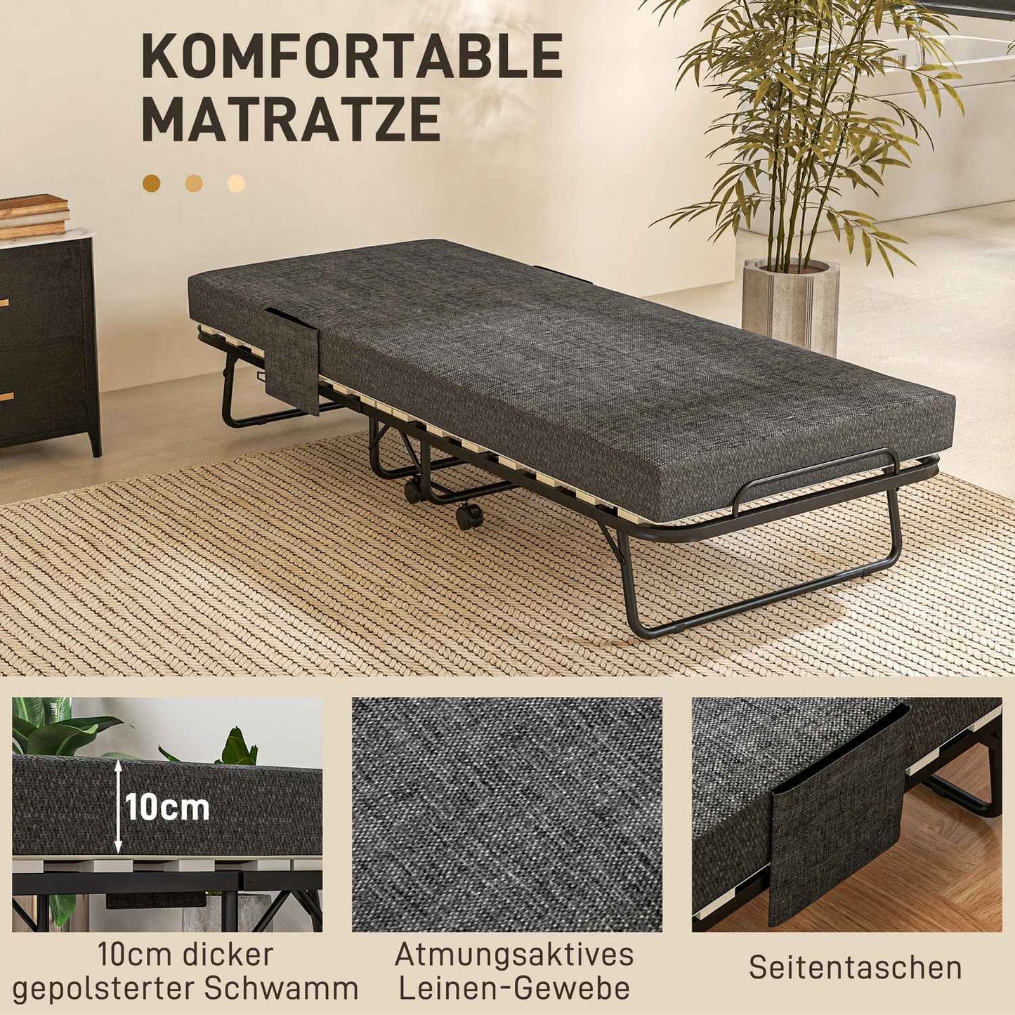 Folding guest bed with wheels, 10 cm mattress, dark grey