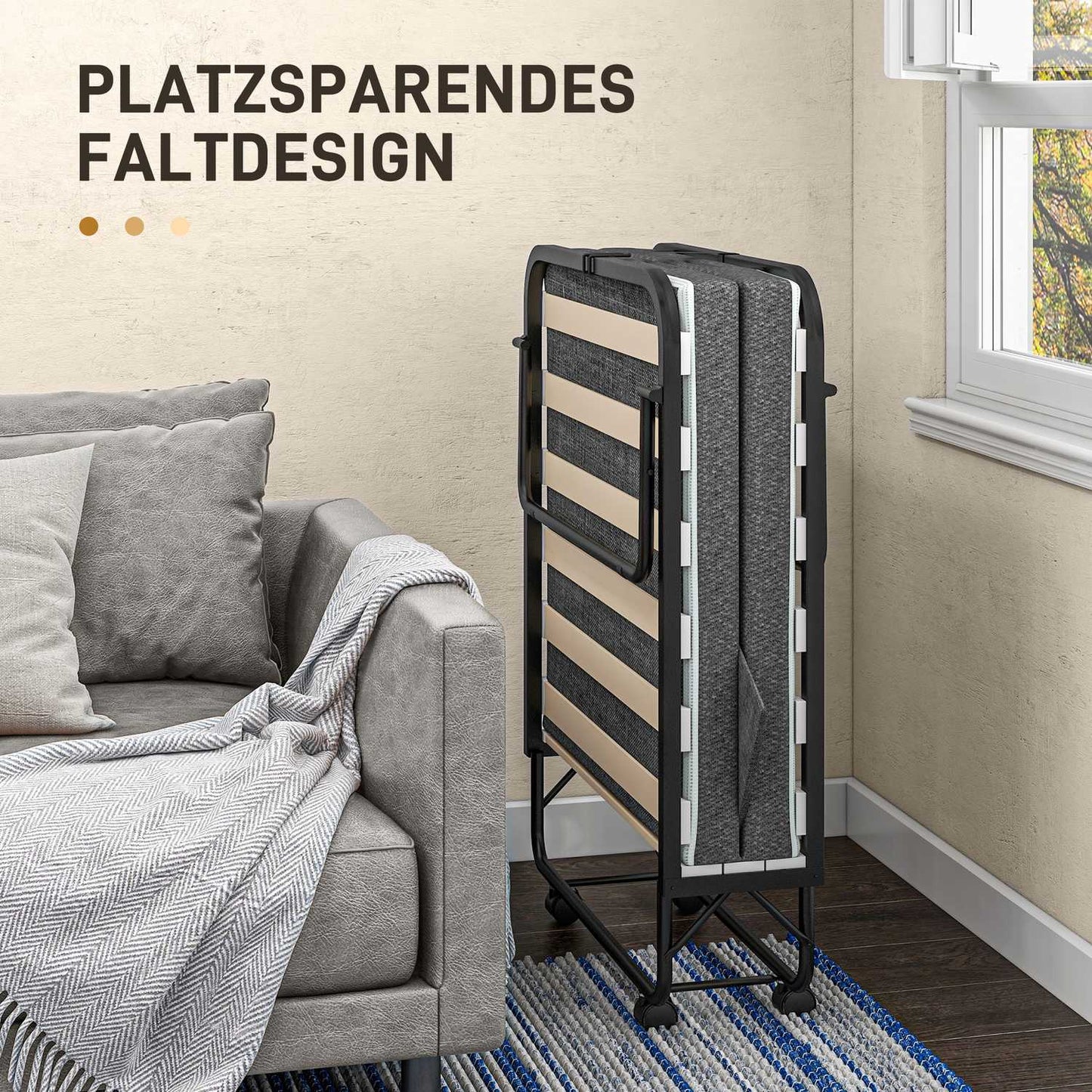 Folding guest bed with wheels, 10 cm mattress, dark grey